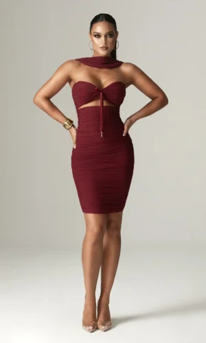 Bellucci – Pleated Shawl Neckline Ruched Midi Dress – Burgundy