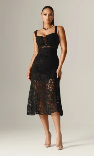 Harley – Straps Lace Guipure Midi Dress – Black