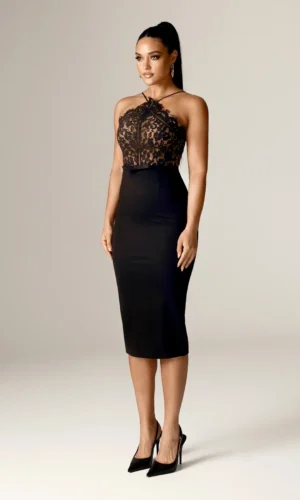 Zandra - French Lace Belted Midi Dress - Black