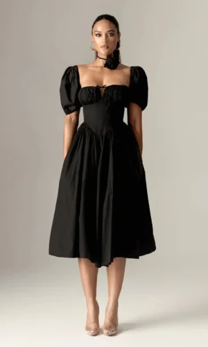 Lynette – Cotton Bustier Midi Sundress – Black