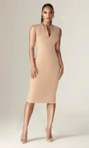 Lianna – Deep Slit Neckline Midi Dress – Khaki