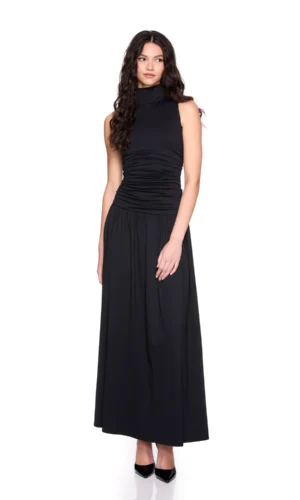 Mock Neck Drop Waist Gathered Dress – Black