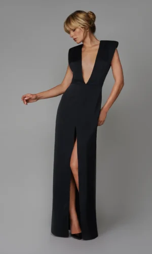 Le Vestiaire - Long Satin V Neck Dress - Black