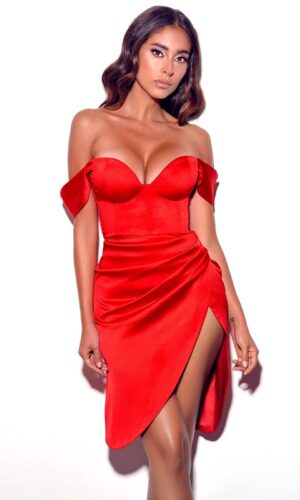 Hedy High Slit Corset Satin Dress - Red