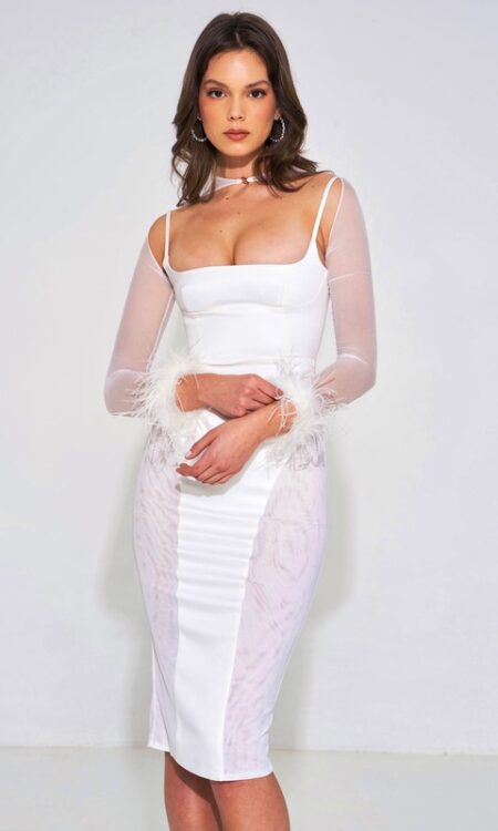 Oaklie Satin Mesh Sleeve Dress With Feather - White