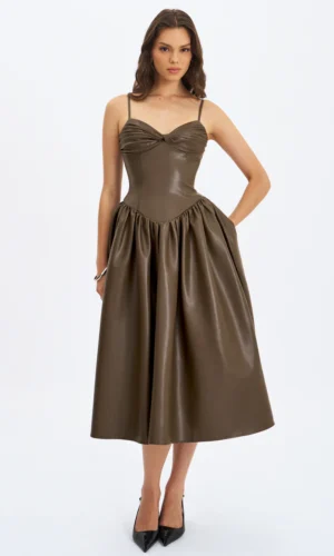 Parisia Vegan Leather Drop Waist Maxi Dress - Cocoa