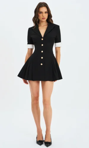 Ilitha Woven Crepe Pleated A-Line Mini Dress - Black
