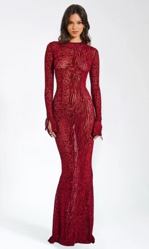 Waylynn Burnout Velvet Detail Mesh Backless Maxi Dress - Burgundy