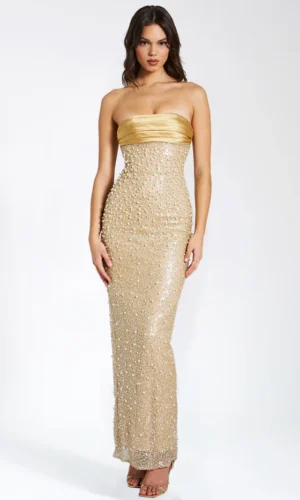 Lainey Satin Sequin Pearls Beaded Maxi Dress - Gold