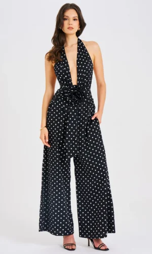 Oriana Polka Dots Halter Jumpsuit - Black