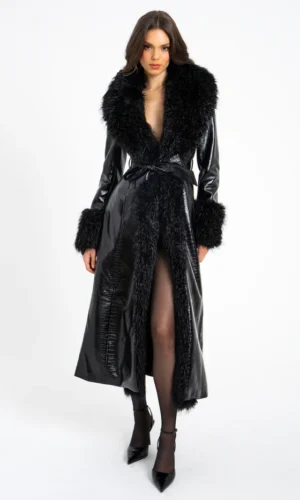 Zella Fur Trim Vegan Croc Leather Coat - Black