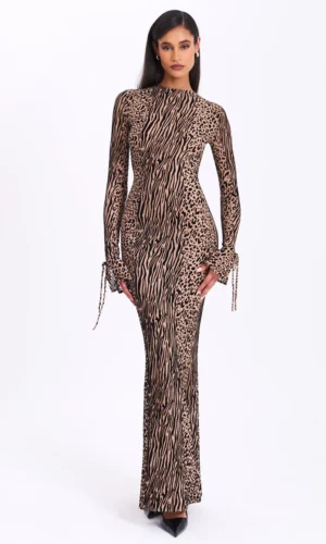 Waylynn Burnout Velvet Detail Mesh Backless Maxi Dress - Black/Nude
