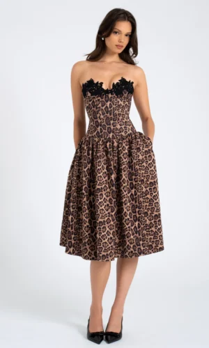 Uchenna Stretchy Strapless Midi Dress with lace trim - Cheetah Print