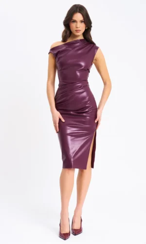 Sabina Leather Slash Neck Midi Dress - Purple