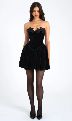 Nora Velvet Drop Waist Corset Puffy Mini Dress with Lace Trim - Black