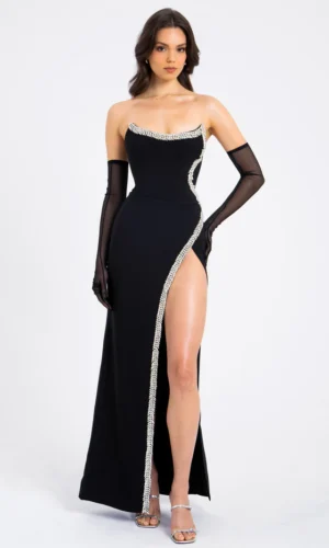 Xoana Crystal Embellished High Slit Gown - Black