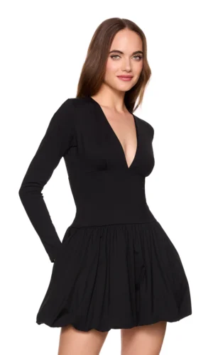 long sleeve bubble hem dress - Black