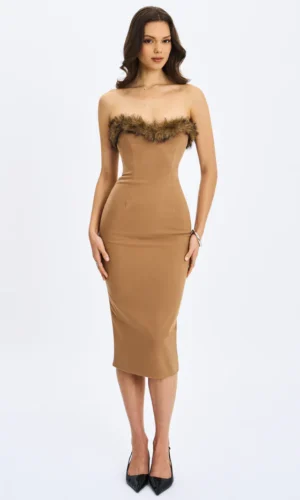 Rayanne Strapless Fur-Trimmed Sweetheart Maxi Dress - Chestnut