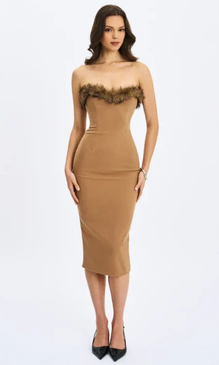 Rayanne Strapless Fur-Trimmed Sweetheart Maxi Dress - Chestnut