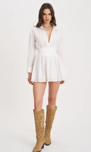 Gabriella White Cotton Eyelet Button Up Long Sleeve Shirt Dress - White