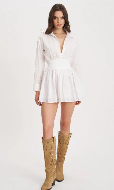 Gabriella White Cotton Eyelet Button Up Long Sleeve Shirt Dress - White