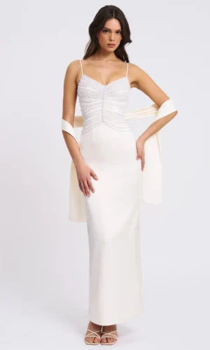 Karmen Pearl Top Pencil Slip Gown with Scarf