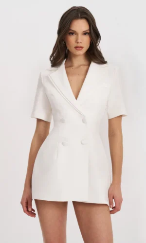 Madelina Double Breast Satin Trim Blazer Dress - White