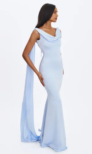 Eira Mist Cowl Scarf-Detail Mermaid Maxi Dress - blue