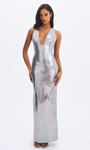 Valeska Silver Foil Plunging Sheath Maxi Dress - silver
