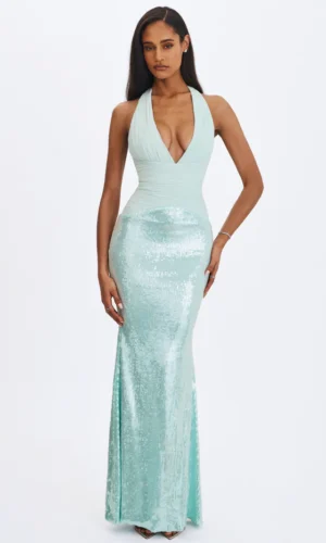 Wendale Sequin Plunging Mermaid Maxi Dress - mint