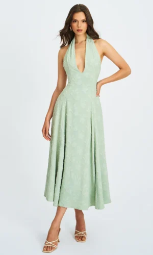 Magda Deep V Neck Halter A-line Midi Dress - mint green