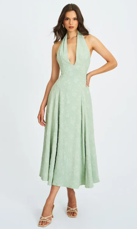 Magda Deep V Neck Halter A-line Midi Dress - mint green