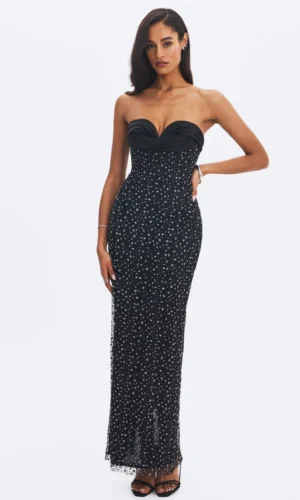 Preslie Satin & Crystal Mesh Sheath Maxi Dress - Black