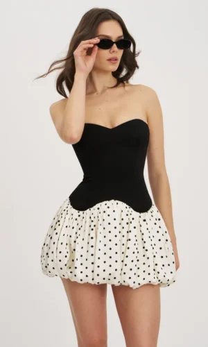 Dahliana Polka Dot Bubble Hem Corset Mini Dress - Black