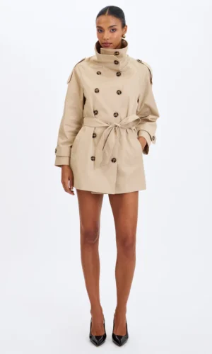 Vanetta High Collar Double-Breasted Trench Mini Coat - tan