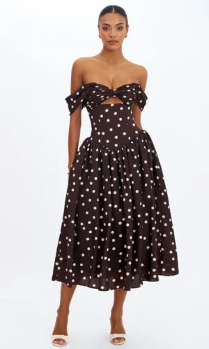 Xandie Polka Dot Off-Shoulder Midi Dress - Mocha