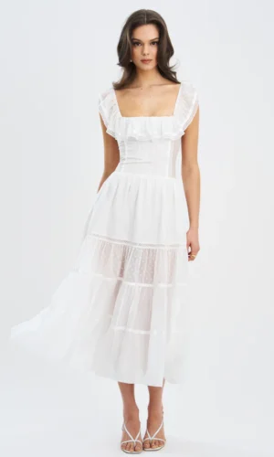 Eden Square Neck Ruffle Trim High Waist Midi Dress - White