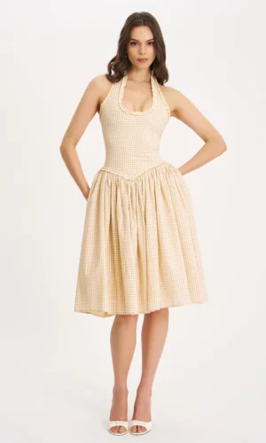 Idella Yellow Gingham U Neck Midi Dress - Yellow