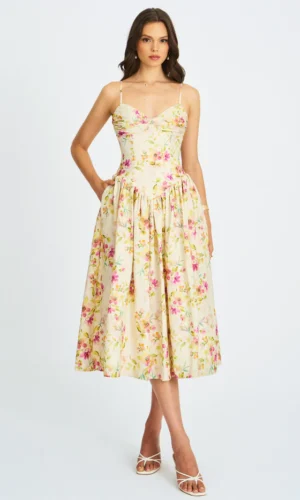 Jacinda Floral Print Ruched Breast Linen Midi Dress - Yellow