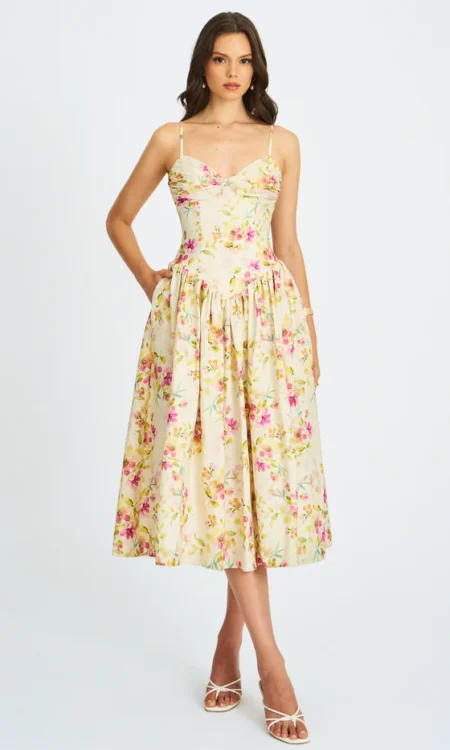 Jacinda Floral Print Ruched Breast Linen Midi Dress - Yellow