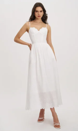 Oberon Cotton Eyelet Lace-Up Back Maxi Dress - White