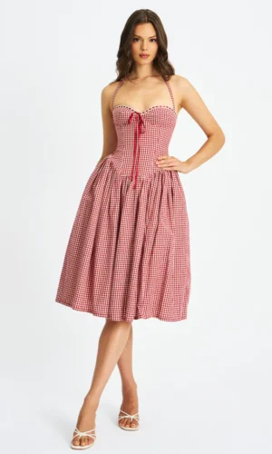 Susanna Gingham Halter Drop Waist Midi Dress - Red