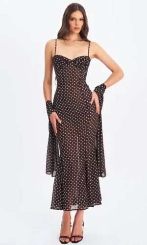 Yadira Brown Base Polka Dot Chiffon Maxi Dress