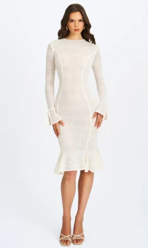 Pamina Beige Crochet Long Sleeve Midi Flare Mermaid Dress