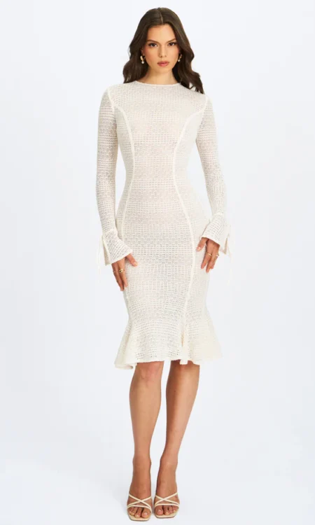 Pamina Beige Crochet Long Sleeve Midi Flare Mermaid Dress
