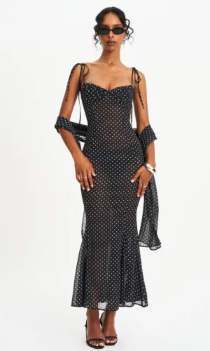 Yadira Black Base Polka Dot Chiffon Maxi Dress