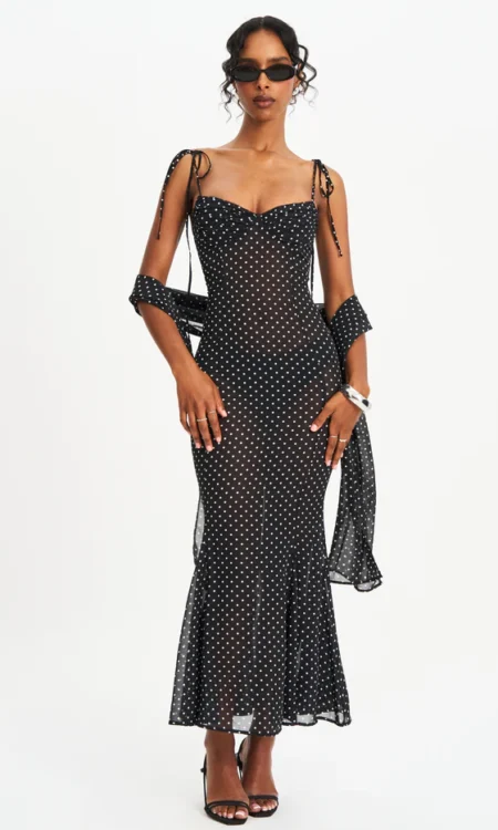 Yadira Black Base Polka Dot Chiffon Maxi Dress