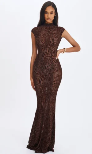 Tyanna Burnout Velvet Mesh Backless Mermaid Maxi Dress - Mocha