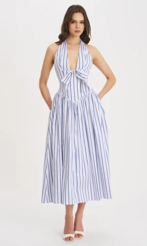 Mackenna Navy Stripe Halter Smock Back Maxi Dress