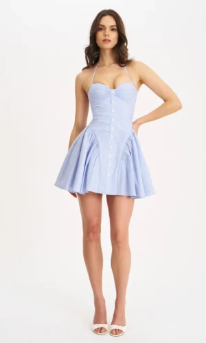 Melody Cotton Poplin Stripe Halter Drop Waist Mini Dress - Baby Blue